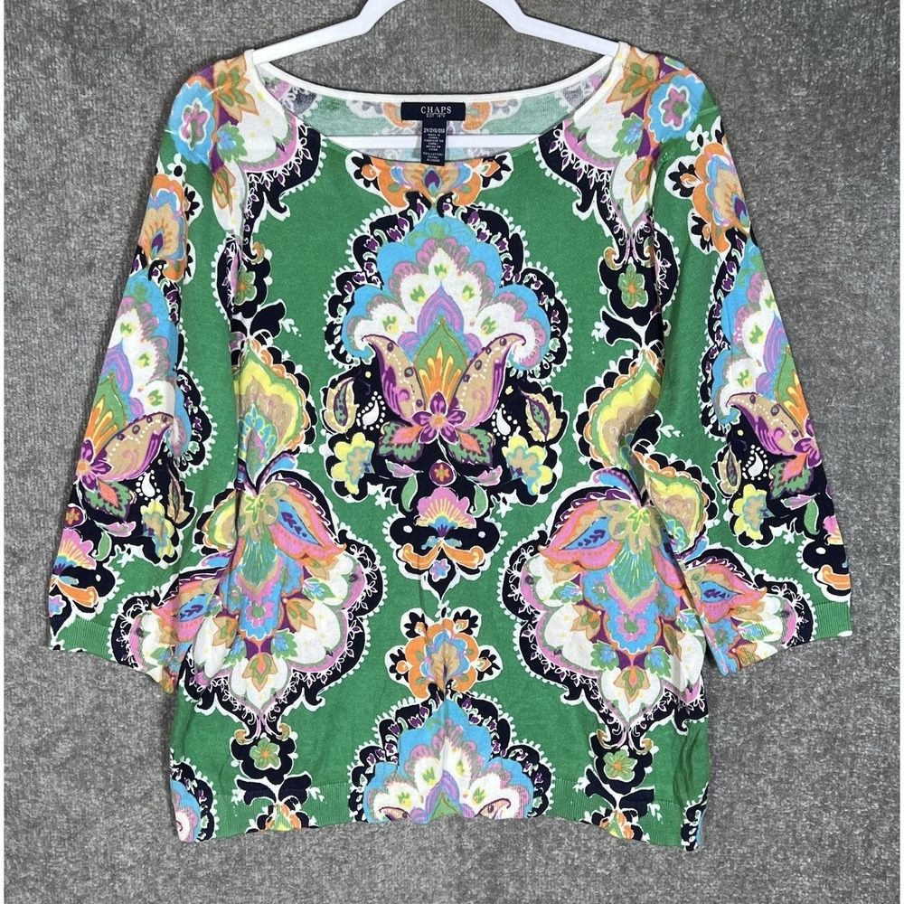 Chaps Knit Top Womens Size 2X Green Paisley Floral Cotton Boat Neck 3/4 Sleeve